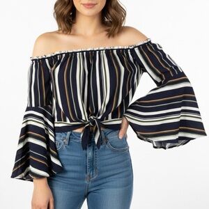GUESS Striped Off-the-Shoulder Bell Sleeve Blouse Size Large